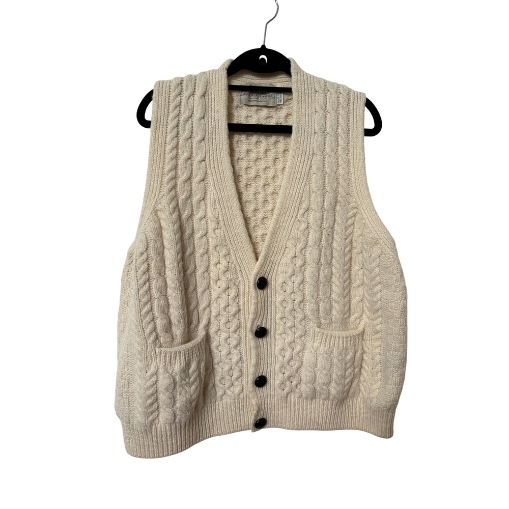 Aran Sweater Market Cream Cable Knit Merino Wool Cardigan Vest Made in Ireland L